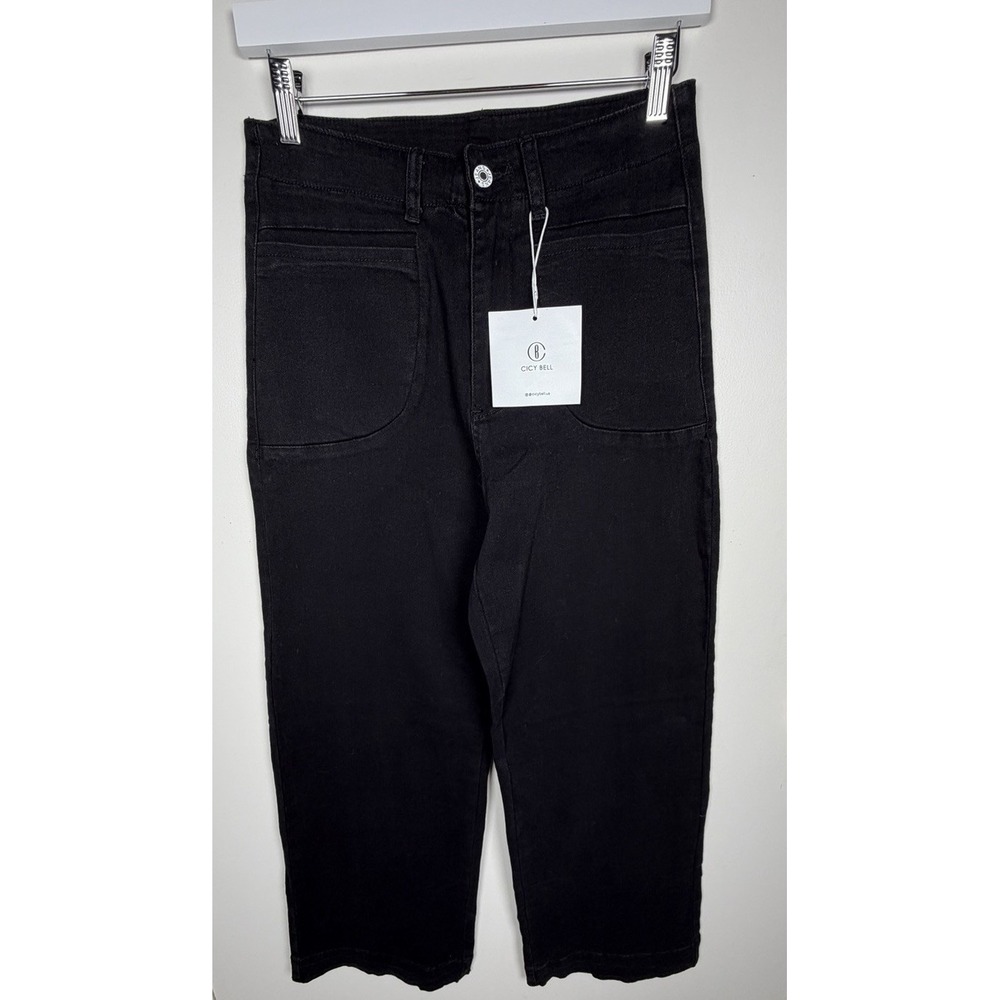 Cicy Bell Size 6 Full Length Black High-Rise Wide-Leg Stretch Preppy Jeans NEW